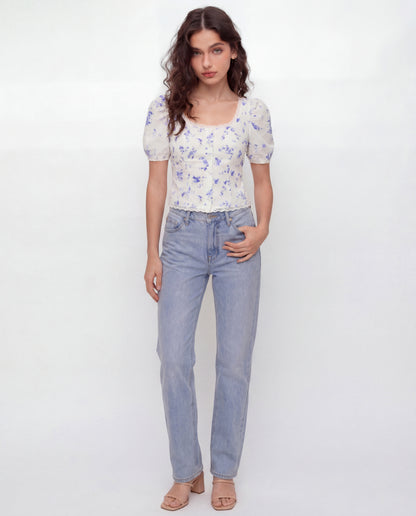 White Florals Lace-Trim Fitted Button-Up Top