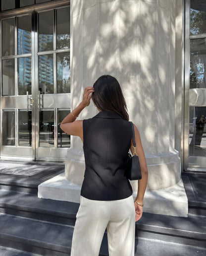 topwear,tops,formal, semi-formal, outdoor events,creative workwear, sophisticated, summer,stretchable,polyester, spandex,black,solid,regular fit,waist coat,waist length,scoop neck,sleeveless,25010062GG, OY1706