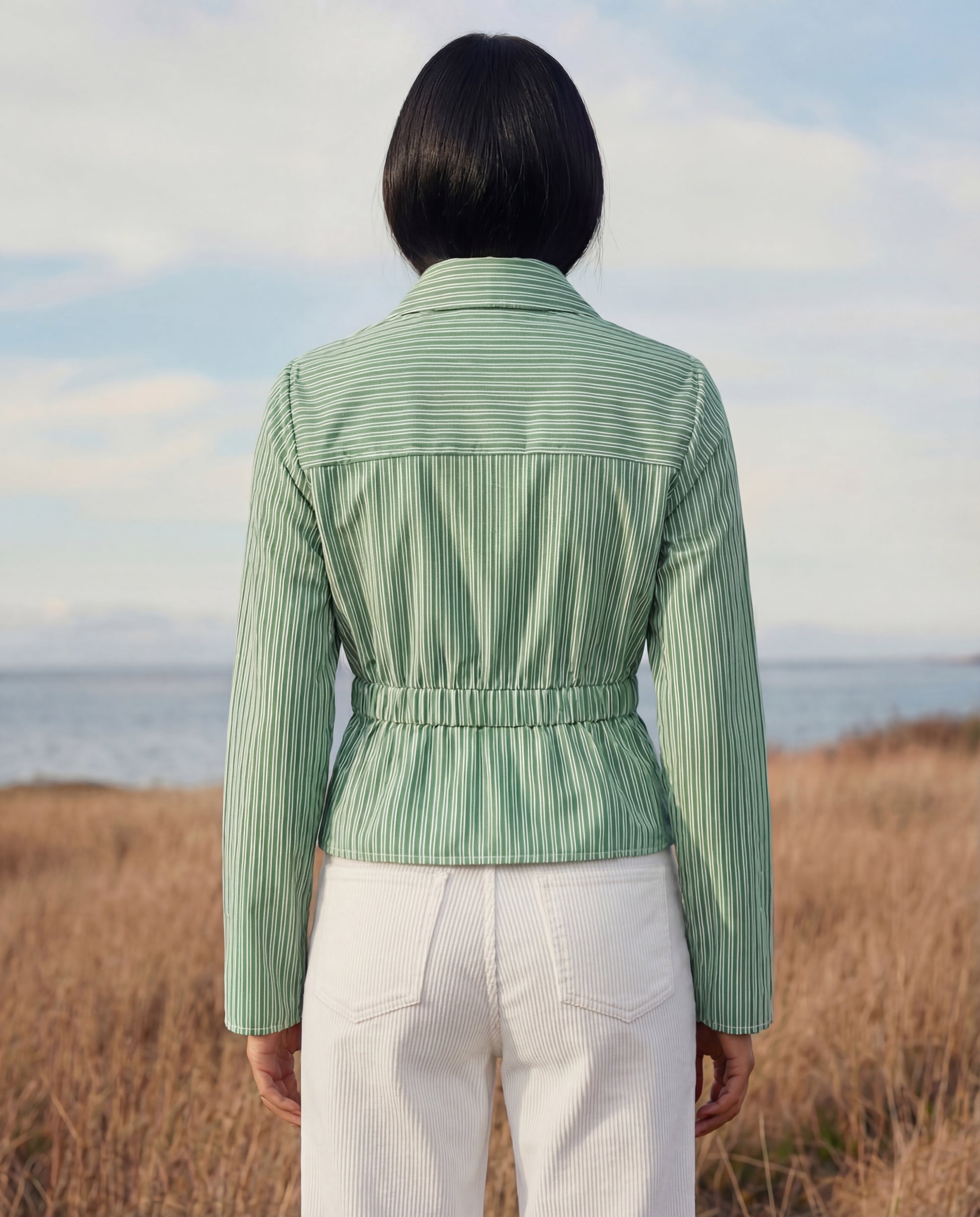Women’s green striped wrap style summer everyday wear shirt with structured silhouette, long sleeves and stylish vertical stripes