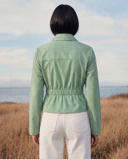 Women’s green striped wrap style summer everyday wear shirt with structured silhouette, long sleeves and stylish vertical stripes
