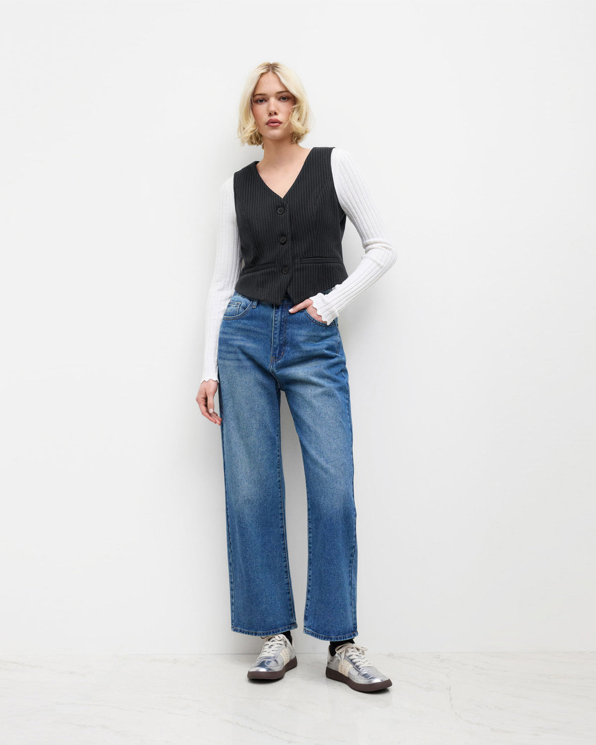 topwear,tops,formal, semi-formal,creative workwear, minimal, summer,woven,polycotton,black,pinstripes, stripes,pinstripes, slit,button,regular fit,vest,waist length,curved hem,v-neck,sleeveless,OY2004, 25060036GG