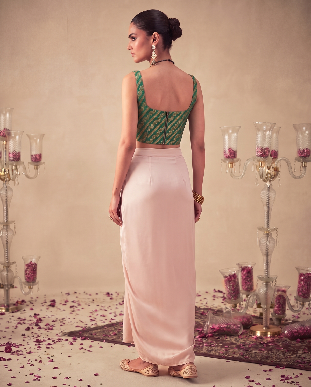 Set of 2 Emerald Green Brocade Corset Top & satin silk draped skirt set