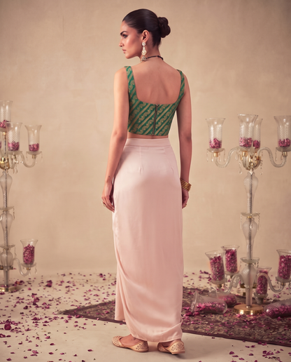 Set of 2 Emerald Green Brocade Corset Top & satin silk draped skirt set