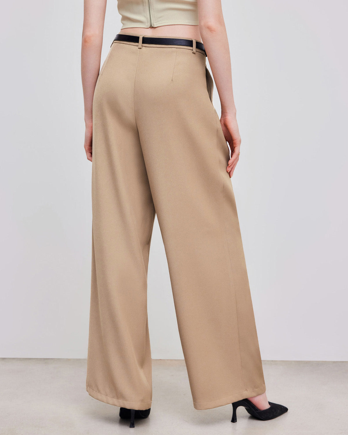 bottomwear,pants,semi-formal,workwear,stretchable,polyester, spandex,beige,pleated,tailored fit,wide leg,full length,high rise, OY975-beige,  25090001GG