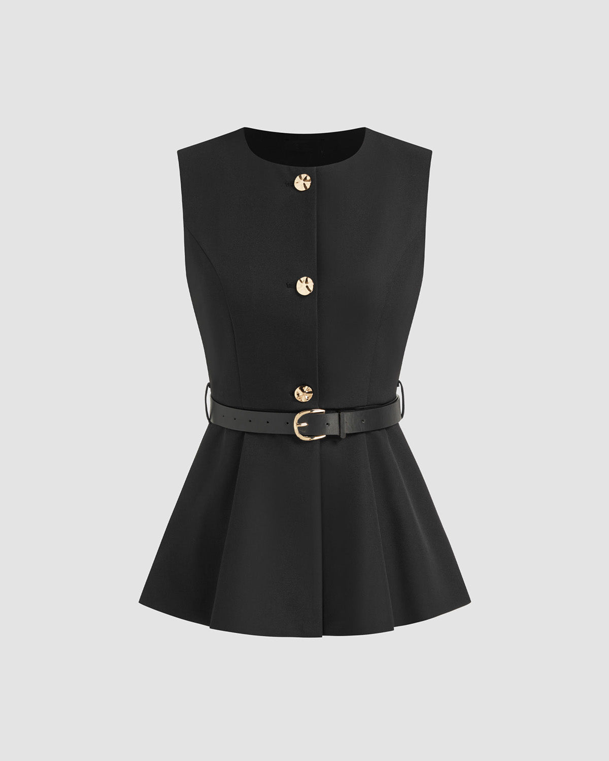 topwear,tops,semi-formal, events,gen z, millenial, minimal, summer,woven,polyester, spandex,black,solid,panelling,button,tailored fit,vest,longline,straight hem,crew neck,no straps,no sleeves,sleeveless	OY3137, 25090003GG