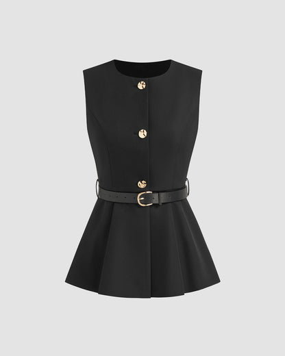 topwear,tops,semi-formal, events,gen z, millenial, minimal, summer,woven,polyester, spandex,black,solid,panelling,button,tailored fit,vest,longline,straight hem,crew neck,no straps,no sleeves,sleeveless	OY3137, 25090003GG