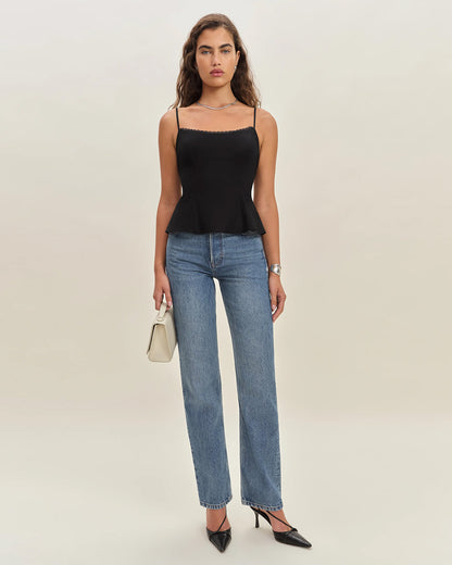 topwear,tops,casual, outdoor events,minimal, soft girl, summer,woven,cotton,black,solid,lace,slim fit,fit and flare,waist length,straight hem,square neck,spaghetti strap,sleeveless, OY1922, 25060027GG