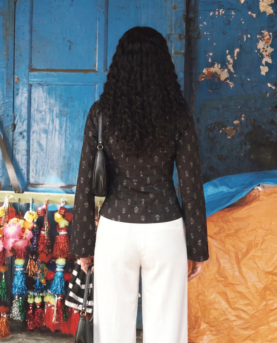 Black Block Print Bell Sleeve Top