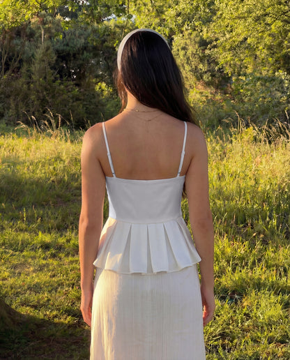 topwear,tops,outdoor events,bold, glam,woven,cotton,white,solid,flounce,zipper,skinny fit,peplum,waist length,flared hem,v-neck,spaghetti strap,sleeveless, OY1916, 25060021GG