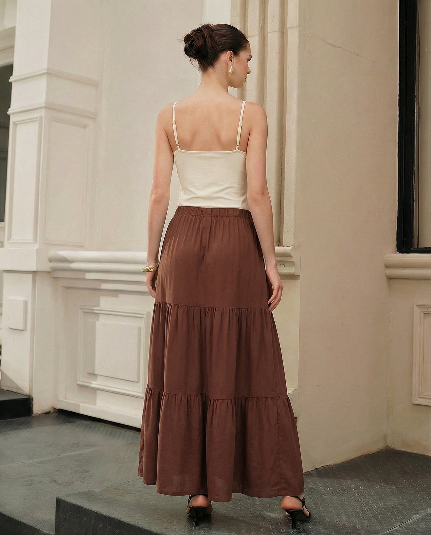 Tiered Brown Long Skirt