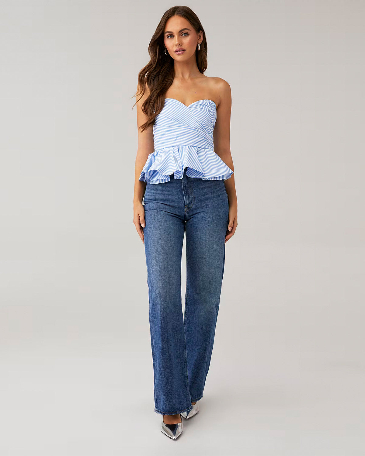 topwear,tops,casual, casual chic,gen z, glam, summer,woven,polycotton,printed,blue,stripes,color block,zipper,slim fit,bandeau,waist length,flared hem,off shoulder,no straps,no sleeves,sleeveless, OY2143, 25090042GG