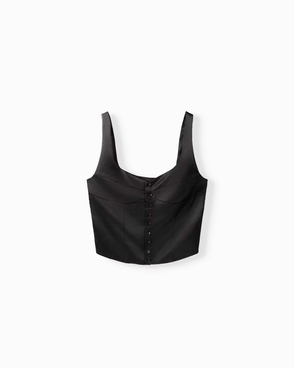 topwear,tops,semi-formal, outdoor events,creative workwear, minimal, sophisticated, summer,woven,satin,black,solid,button,tailored fit,fitted,waist length,diamond neck,shoulder strap,sleeveless, 25040006GG, OY610