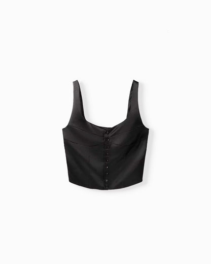 topwear,tops,semi-formal, outdoor events,creative workwear, minimal, sophisticated, summer,woven,satin,black,solid,button,tailored fit,fitted,waist length,diamond neck,shoulder strap,sleeveless, 25040006GG, OY610
