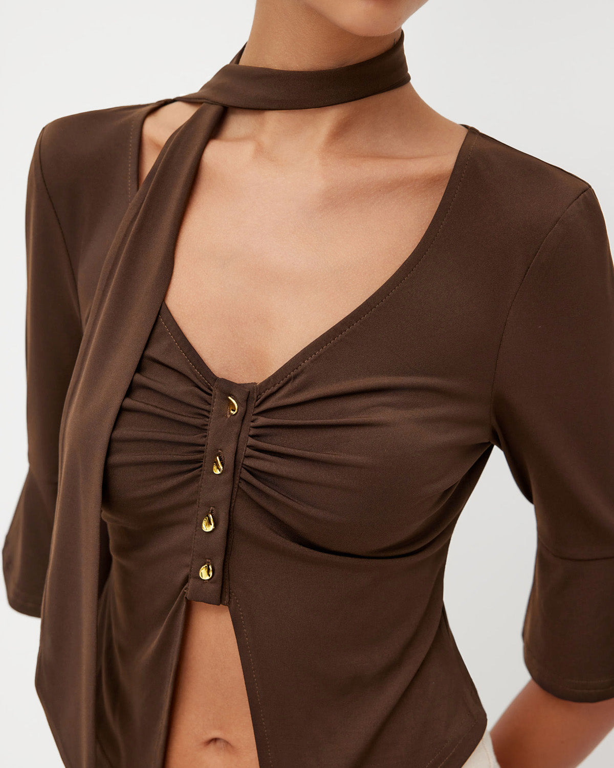 Brown Ribbed Front Split Top