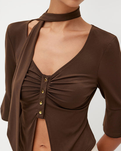 Brown Ribbed Front Split Top