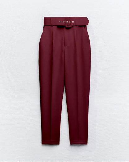 bottomwear,pants,formal, semi-formal,business outfit, urban fit, workwear,woven,polyester, spandex,maroon,pleated,belt,tailored fit,tapered,full lengthhig, h rise	25010046GG, OY942