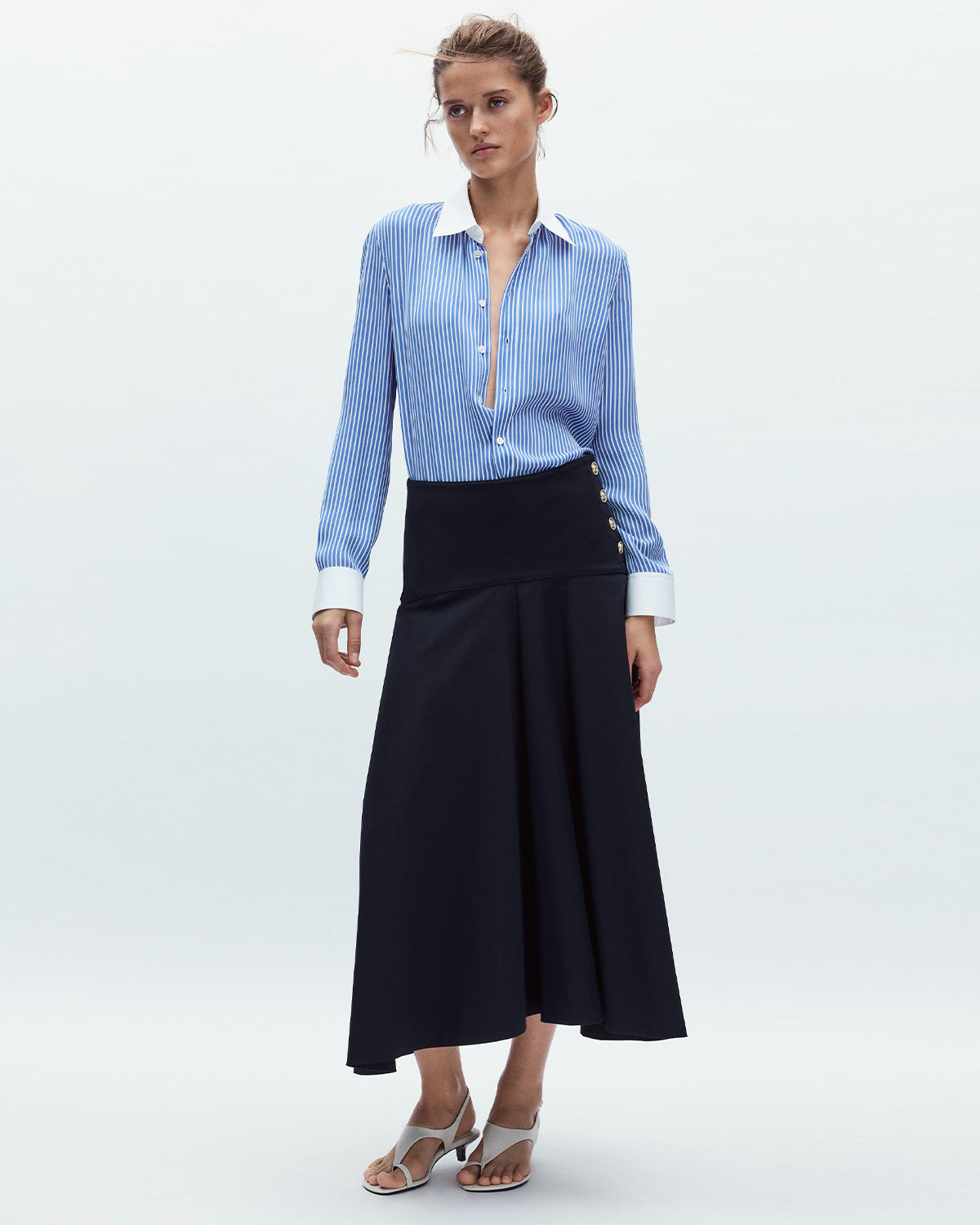topwear,tops, shirts,casual, formal, semi-formal,minimal, soft girl, summer,woven,polycotton,printed,blue,pinstripes,color block,button,regular fit,shirt,longline,curved hem,shirt collar,full sleeves,cuff sleeves,OY2013, 25060045GG