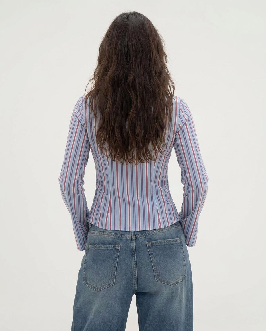 Striped Flared Sleeve Fitted Sleeve Shirt