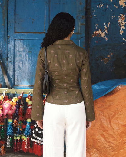 Olive Block Print Bell Sleeve Top