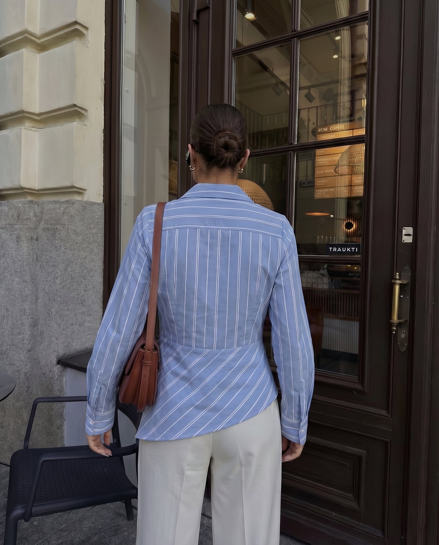 blue, asymmetrical shirt, summer, pastel blue, Stylish blue shirt, vertical stripes, playful, fun.
