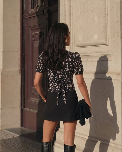 Black Florals Lace-Trim Fitted Button-Up Top