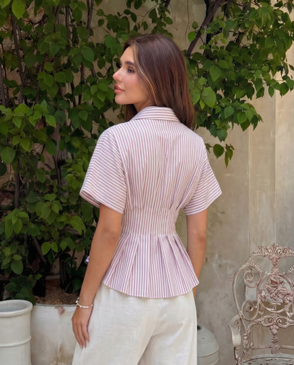 Pleated Cinched Waist Striped Top in Dusty Pink