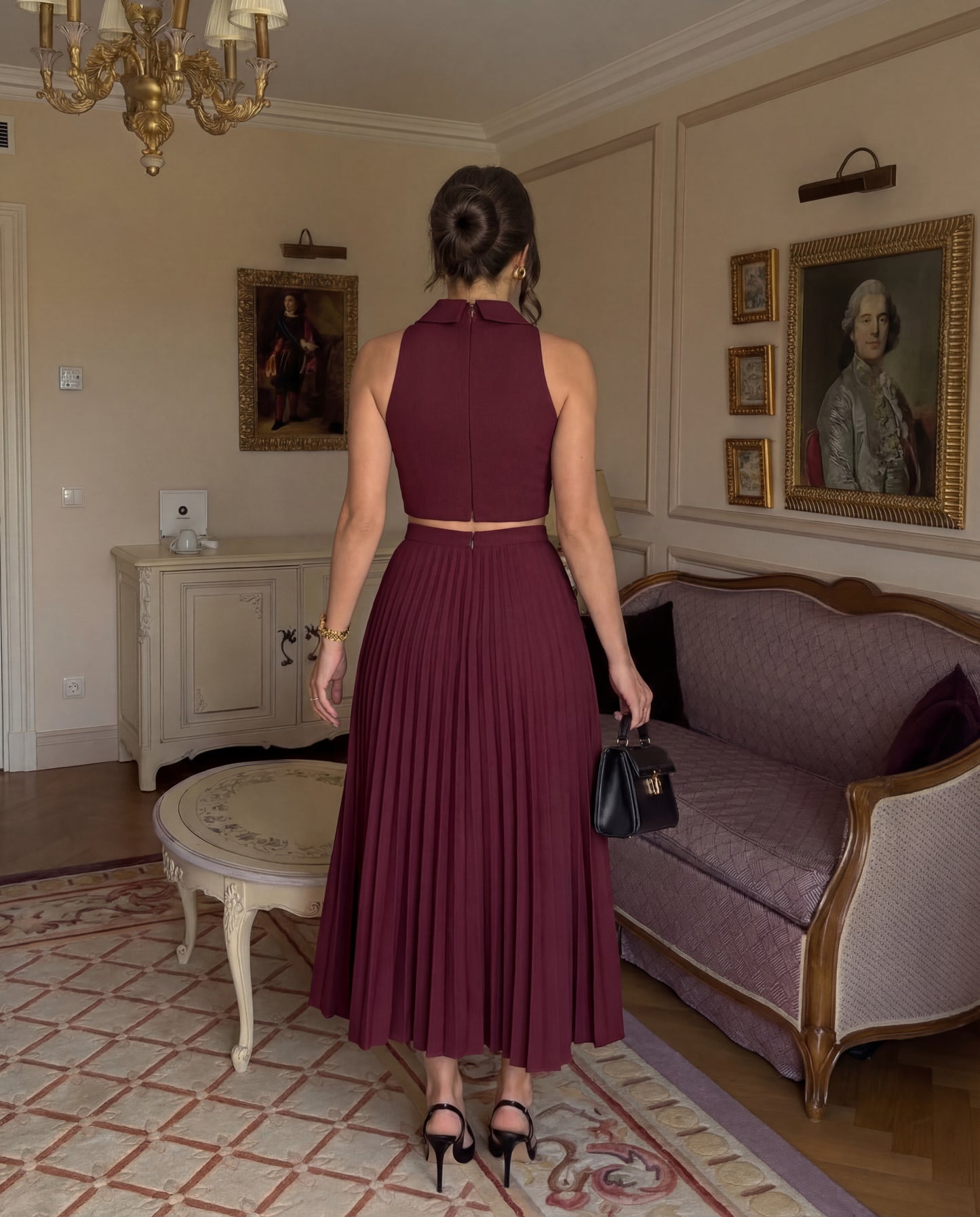 Maroon Pleated Skirt and Top Co-Ord Set