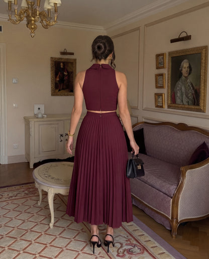 Maroon Pleated Skirt and Top Co-Ord Set
