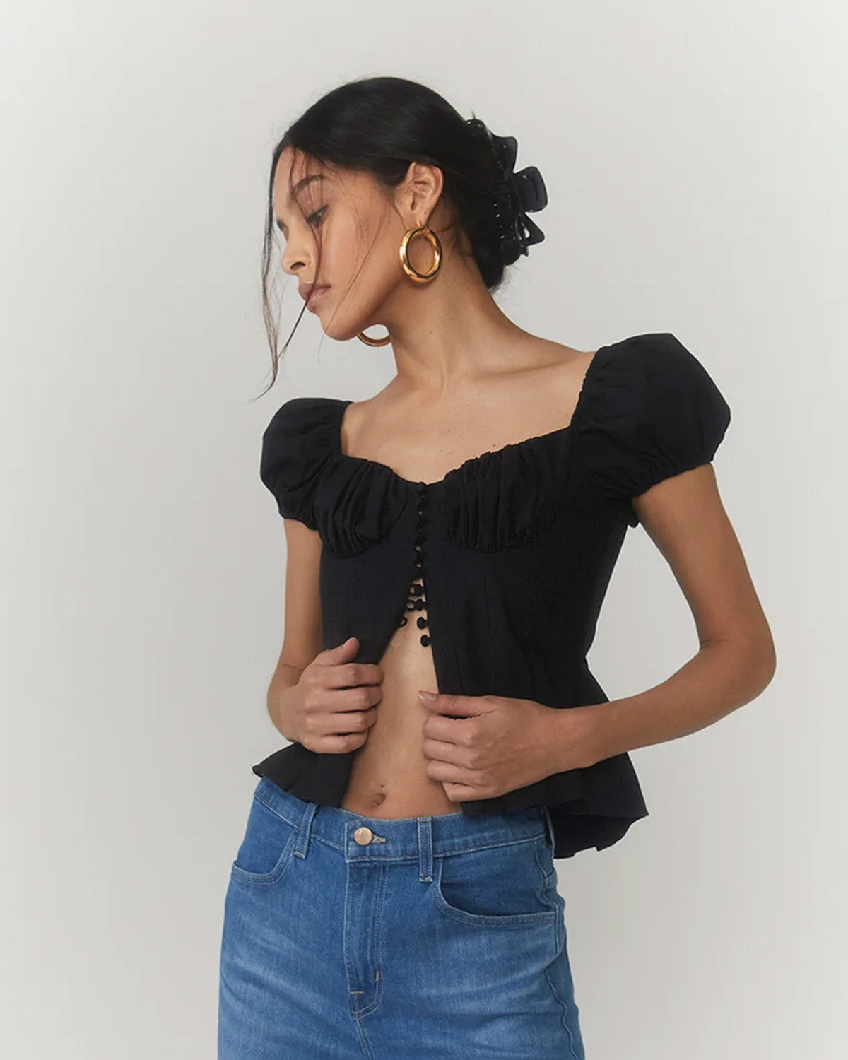 topwear,tops,outdoor events,glam, minimal, summer,woven,cotton,black,solid,ruched,,skinny fit,peplum,waist length,flared hem,sweetheart neck,,puff sleeves,short sleeves, OY1902	,25060002GG