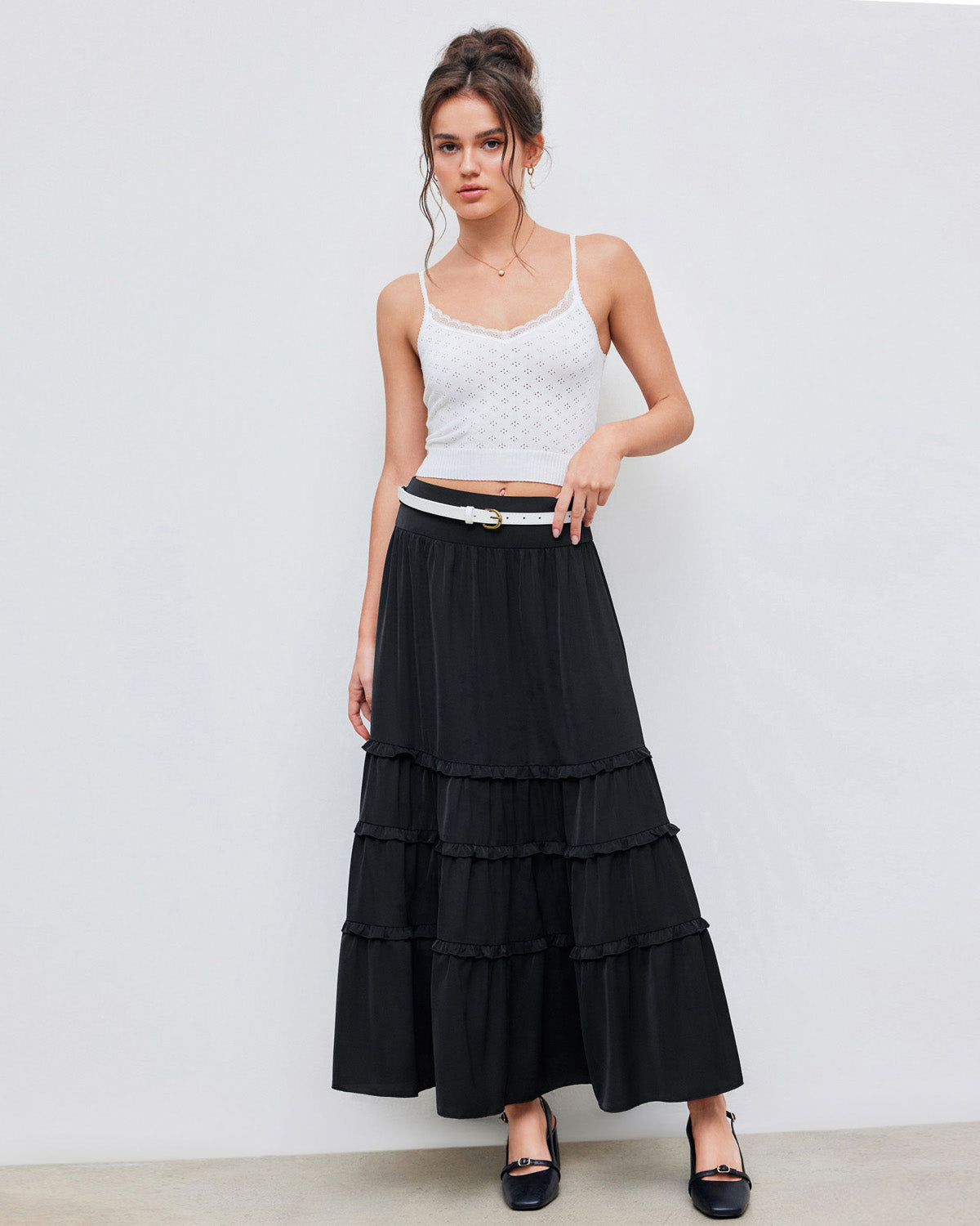 bottomwear,skirts,casual, casual chic, vacation,soft girl, summer, vintage, y2k,woven,cotton,gathered, panelling,black,panelled, ruffled,belt,flared fit,flared,full length,flared,mid rise, 25070006GG, OY2073