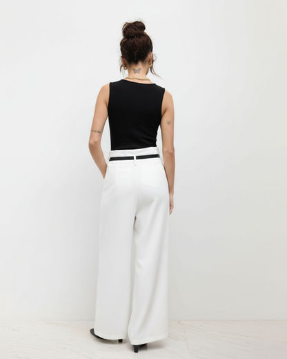 bottomwear,pants,semi-formal,business outfit,stretchable,polyester, spandex,white,pleated,tailored fit,wide leg,full length,high rise, 24090003GG, OY959