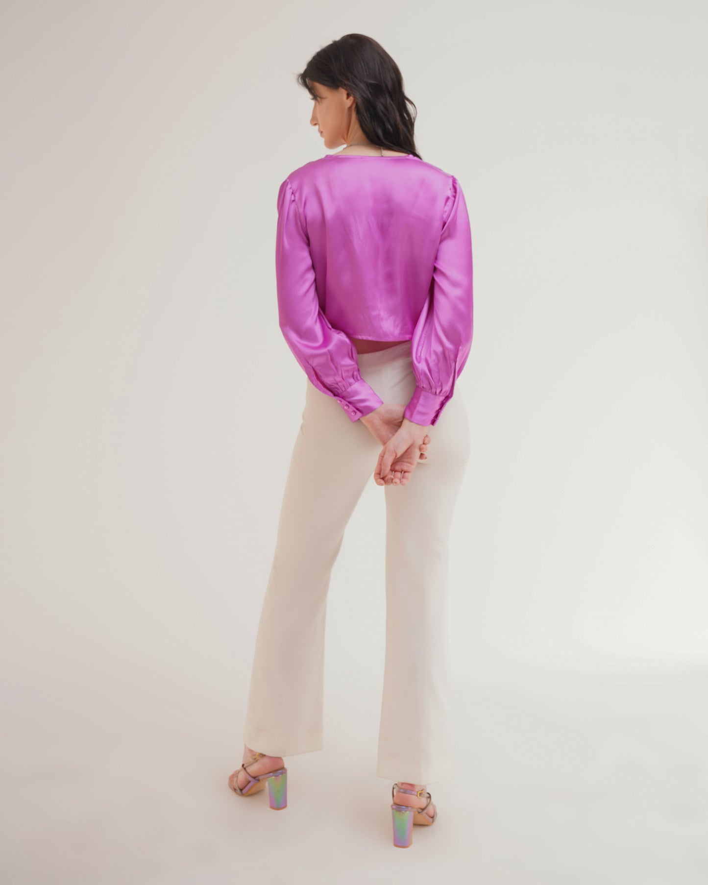 PLUNGE NECKLINE TOP,bishop sleeves, blouse, casual, crop, glam, long sleeves, plunge neckline, purple, relaxed fit, satin, solid, summer, tie knot, tops, topwear, vacation, woven,regular-fit-front-knot-purple-top,Neck - Plunging necklineSleeve - Bishop sleevesFit - Regular fitPrint/Pattern - SolidColor - PurpleMaterial - SatinDetail - Front knotted