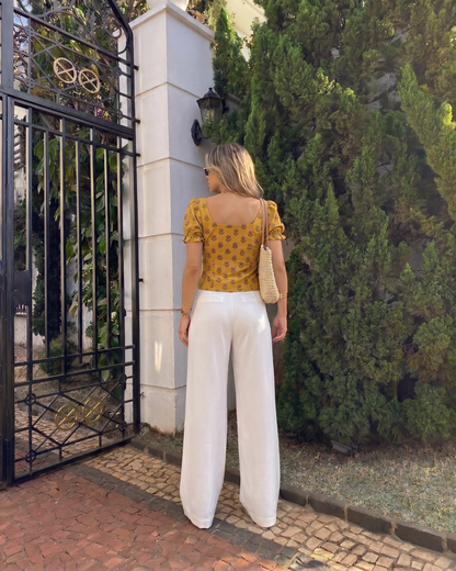 Floral Print Corset Top and White Pleated Pants With Belt