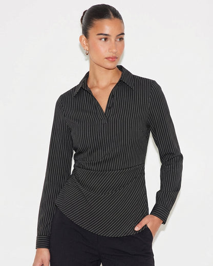 Black Pinstripe Asymmetric Hem Shirt