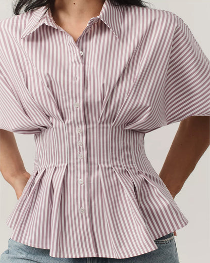topwear,tops,casual, outdoor events,minimal, summer, streetwear,woven,linen,printed,Dusty Pink ,color block, pinstripes,pleated, pinstripes,button,tailored fit,fit and flare,waist length,curved hem,shirt collar,batwing sleeve,short sleeves	25060049GG, OY2017