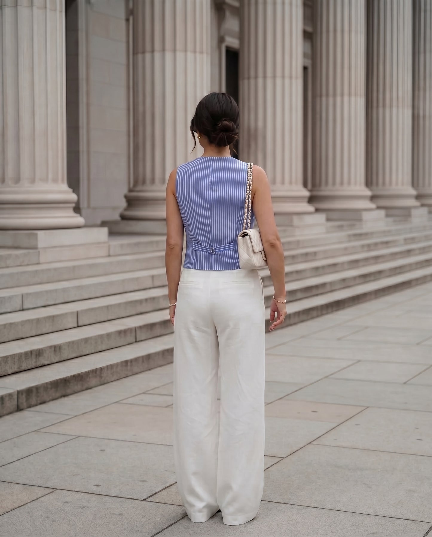 Pinstripes Blue Cotton Waistcoat and White Pleated Pants With Belt