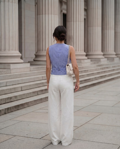 Pinstripes Blue Cotton Waistcoat and White Pleated Pants With Belt