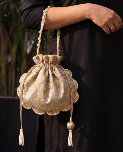 Gold Brocade Potli Bag with Gold Tassel