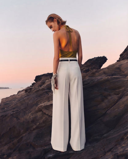 bottomwear,pants,semi-formal,business outfit,stretchable,polyester, spandex,white,pleated,tailored fit,wide leg,full length,high rise, 24090003GG, OY959