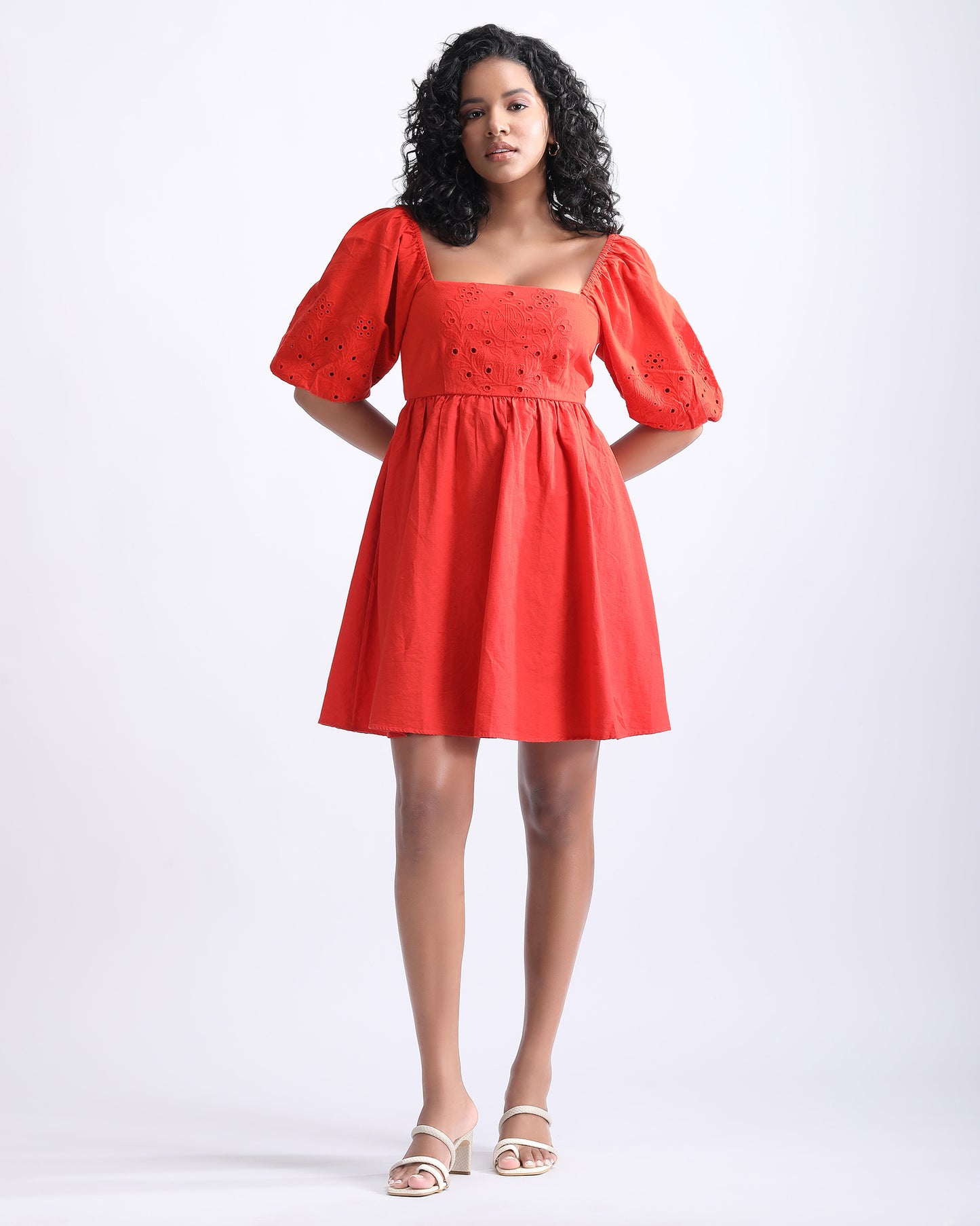 SCHIFFLI PUFF SLEEVES MINI DRESS,above knee, cotton, dresses, fit and flare, puff sleeves, red, regular fit, schiffli, short sleeves, solid, square neck, straight, summer, textured, vacation, woven,schiffli-puff-sleeves-mini-dress-red,Color- Red
Neck- Square Neck
Type- Fit &amp; Flare
Sleeve- Puff Sleeves
Fit- Regular Fit
Print/Pattern- Solid
Length- Mini
Fabric- Cotton
Closure- Tie Knot Back
Detail- Schiffli Embroidery