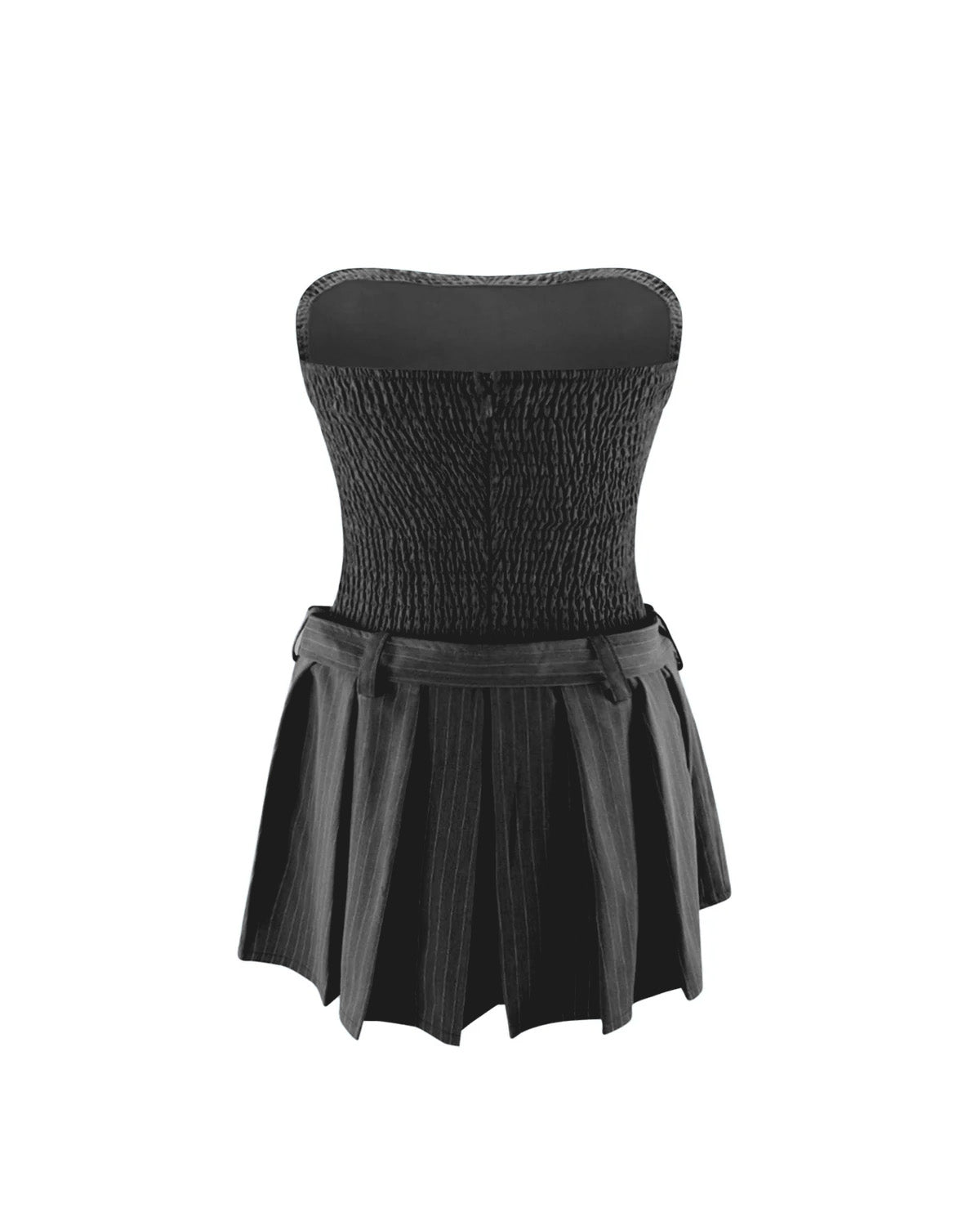 dresses,dresses,casual, outdoor event, statement,gen z, summer, streetwear,woven,poly cottonblack,pinstripe, stripes,pleated,butt,on,tailored fit,fit and flare,mini,straight hem,off shoulder neck,sleeveless,elasticized back	OY2008,25060040GG