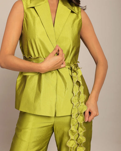 coord sets,bottomwear, topwear,ethnic, party, outdoor events,festive, glam, indo western, summer,woven,taffeta,overlock sitiching,lime green,solid,scalloped,button,relaxed fit top,waist coat,longline top,straight hem,lapel collar,no straps,no sleeves,sleeveless,button up,pants,straight pants,full length,straight hem,mid rise waist,2 pocket,oy3024,25070057GG
