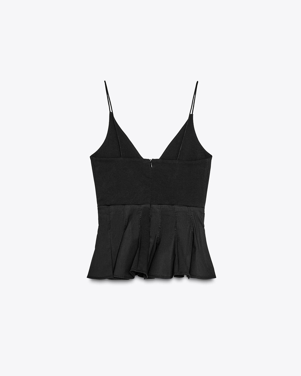 topwear,tops,outdoor events,bold, glam,woven,cotton,,black,solid,flounce,zipper,skinny fit,peplum,waist length,flared hem,v-neck,spaghetti strap,,sleeveless,OY1901	25060001GG