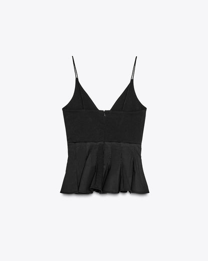 topwear,tops,outdoor events,bold, glam,woven,cotton,,black,solid,flounce,zipper,skinny fit,peplum,waist length,flared hem,v-neck,spaghetti strap,,sleeveless,OY1901	25060001GG