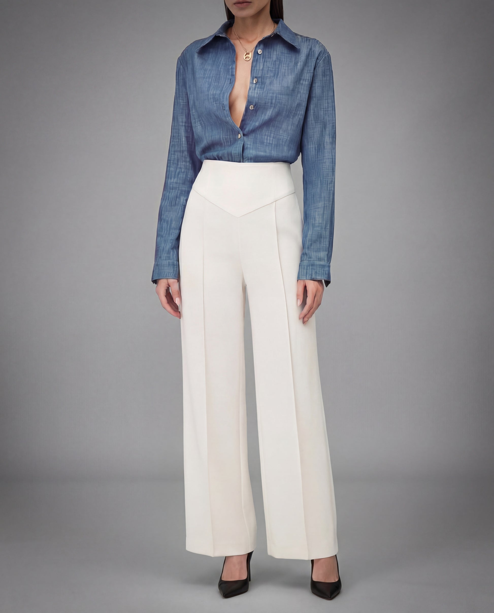 SCULPTED WAIST PLEATED TROUSERS,Color: White
Fabric: 95% poly 5% spandex
Fit: Tailored Fit
Length: Full Length(41")
Waist: High Rise 
Closure: Elasticated
No. of Pockets: 2
Print: Solid
Details: Corset shaped panel in front for a clinched waist look,pants,bottomwear,pants,semi-formal,business outfit,stretchable,polyester, spandex,white,pleated,tailored fit,wide leg,full length,high rise