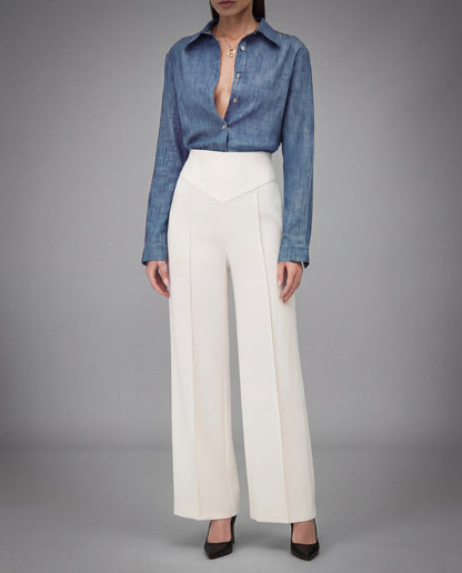 SCULPTED WAIST PLEATED TROUSERS,Color: White
Fabric: 95% poly 5% spandex
Fit: Tailored Fit
Length: Full Length(41")
Waist: High Rise 
Closure: Elasticated
No. of Pockets: 2
Print: Solid
Details: Corset shaped panel in front for a clinched waist look,pants,bottomwear,pants,semi-formal,business outfit,stretchable,polyester, spandex,white,pleated,tailored fit,wide leg,full length,high rise