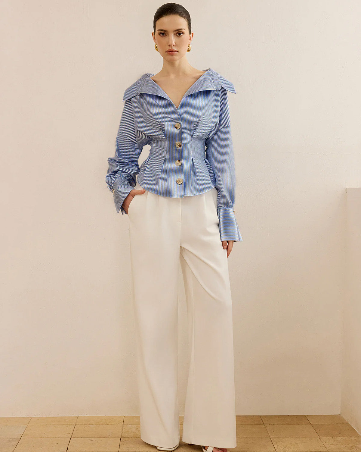 topwear,shirts,casual chic,minimal, soft girl,summer,woven,crepe,printed,blue,stripes,contrast,button,regular fit,shirt,waist length,flared hem,collared,no straps,set in sleeves,long sleeves, OY2140, 25090039GG