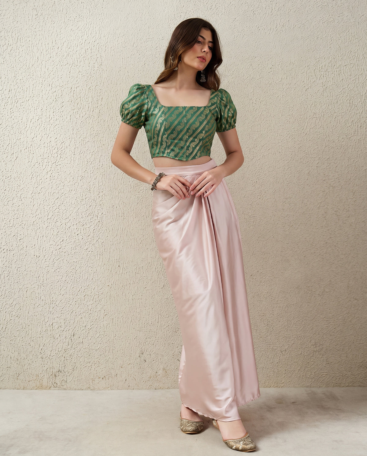 Emerald Green Puff Sleeves Brocade Corset Top