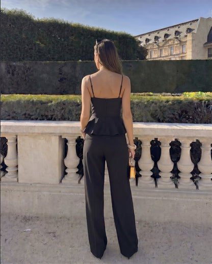 Black Spaghetti Cotton Top and Smocked Detail Korean Trousers