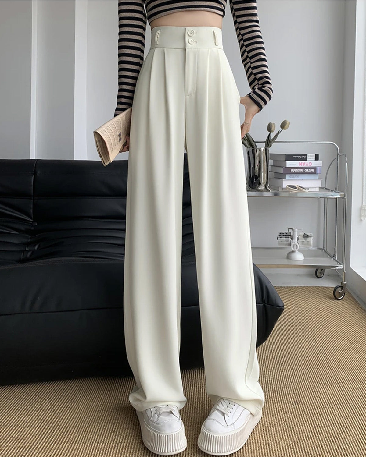 bottomwear,pants,semi-formal,business outfit,stretchable,polyester, spandex,white,pleated,tailored fit,wide leg,full length,high rise